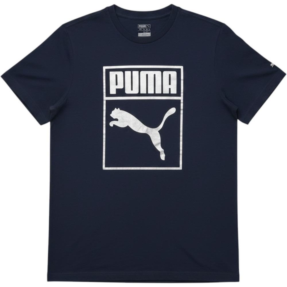 Puma Mens Graphic Tee Navy Blue Silver Foil Logo Short Sleeve Shirt XL Athletic